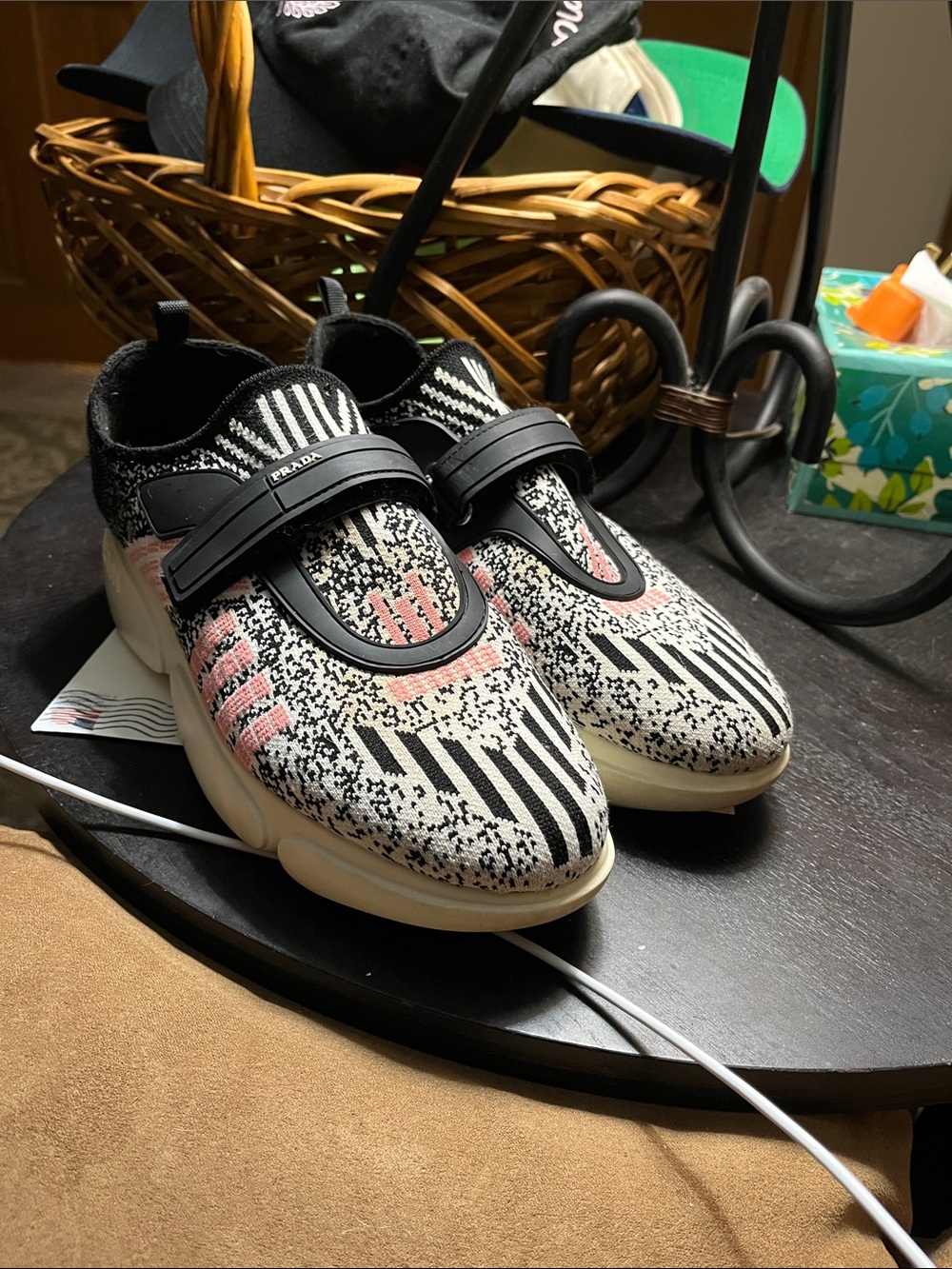 Prada Black & White Knit Slip-On Sneakers with Pink Accent